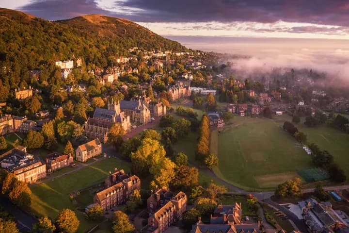 Malvern College and the Malvern Hills at sunrise