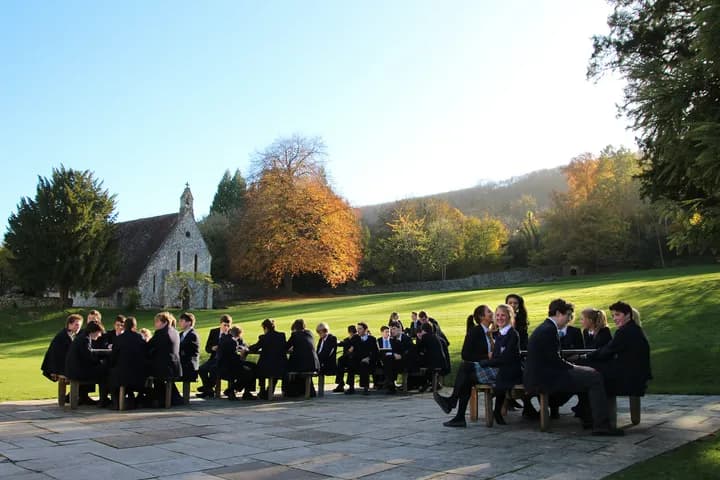 Students outside the chapel
