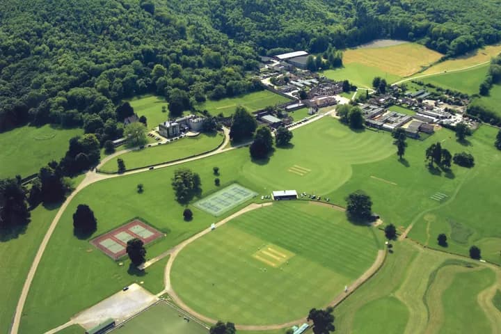 Aerial view of the campus and sports fields