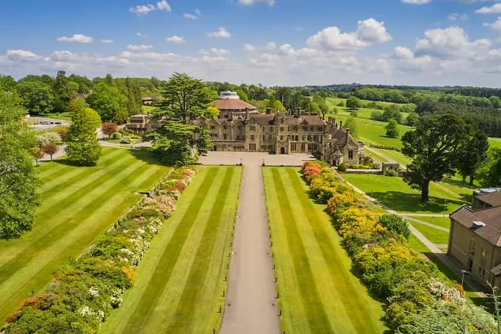 Aerial view of the gardens and main house